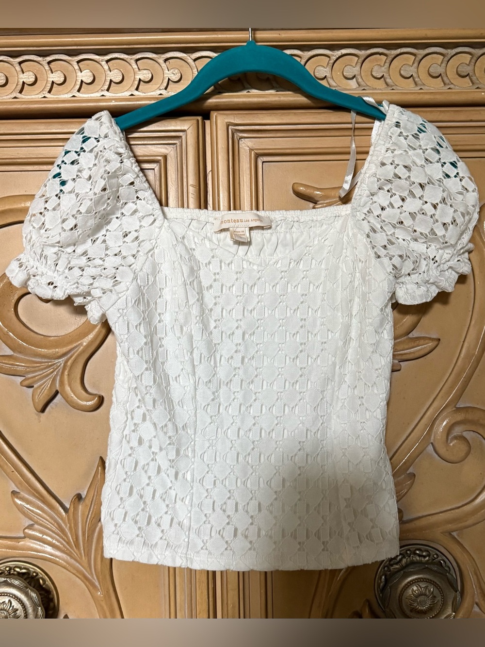 Lace top with puff sleeves none see through like new sz small has some stretch